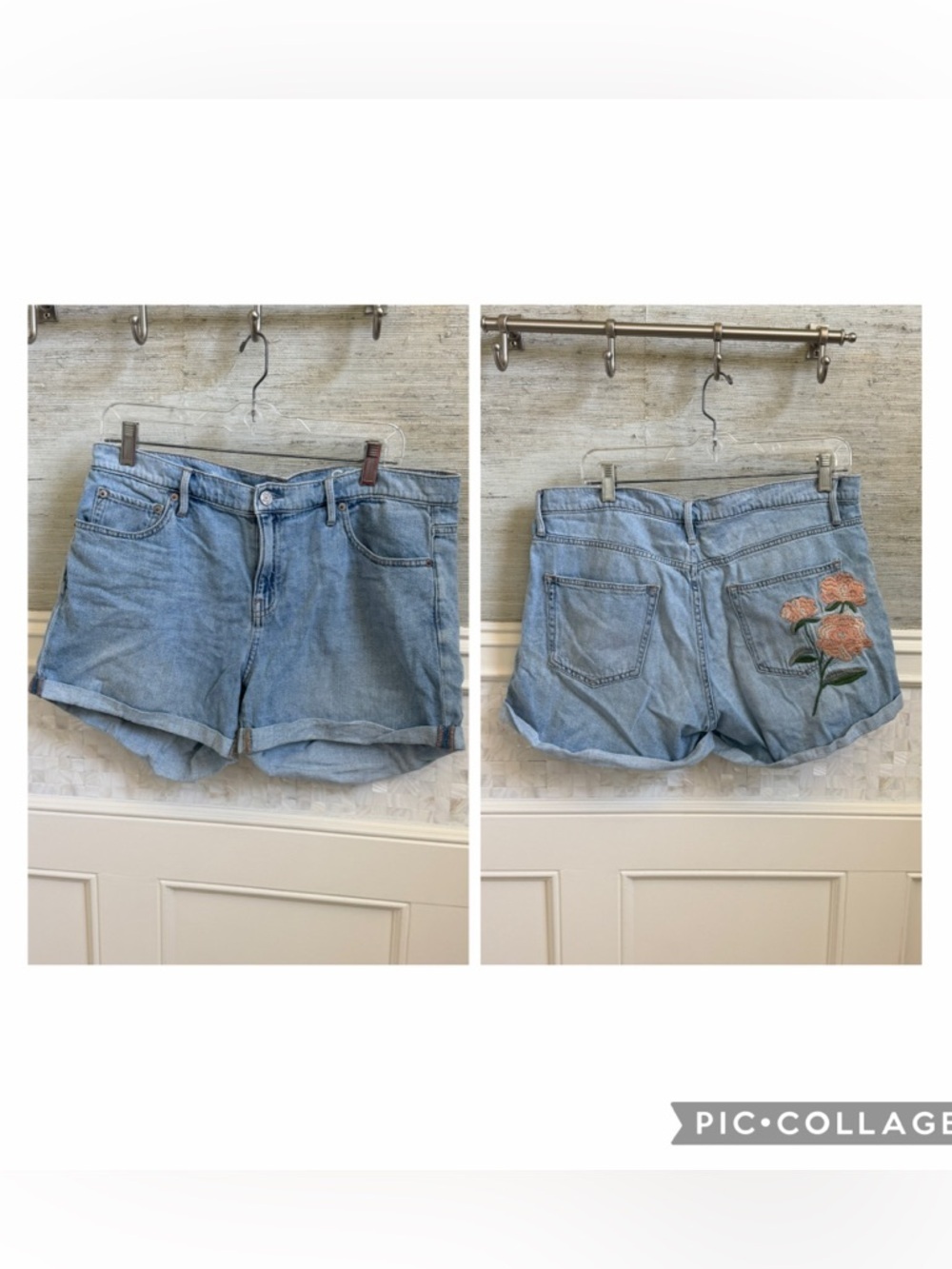 31 gap embroidered flower floral Light Blue Denim Roll-Hem Jean Shorts